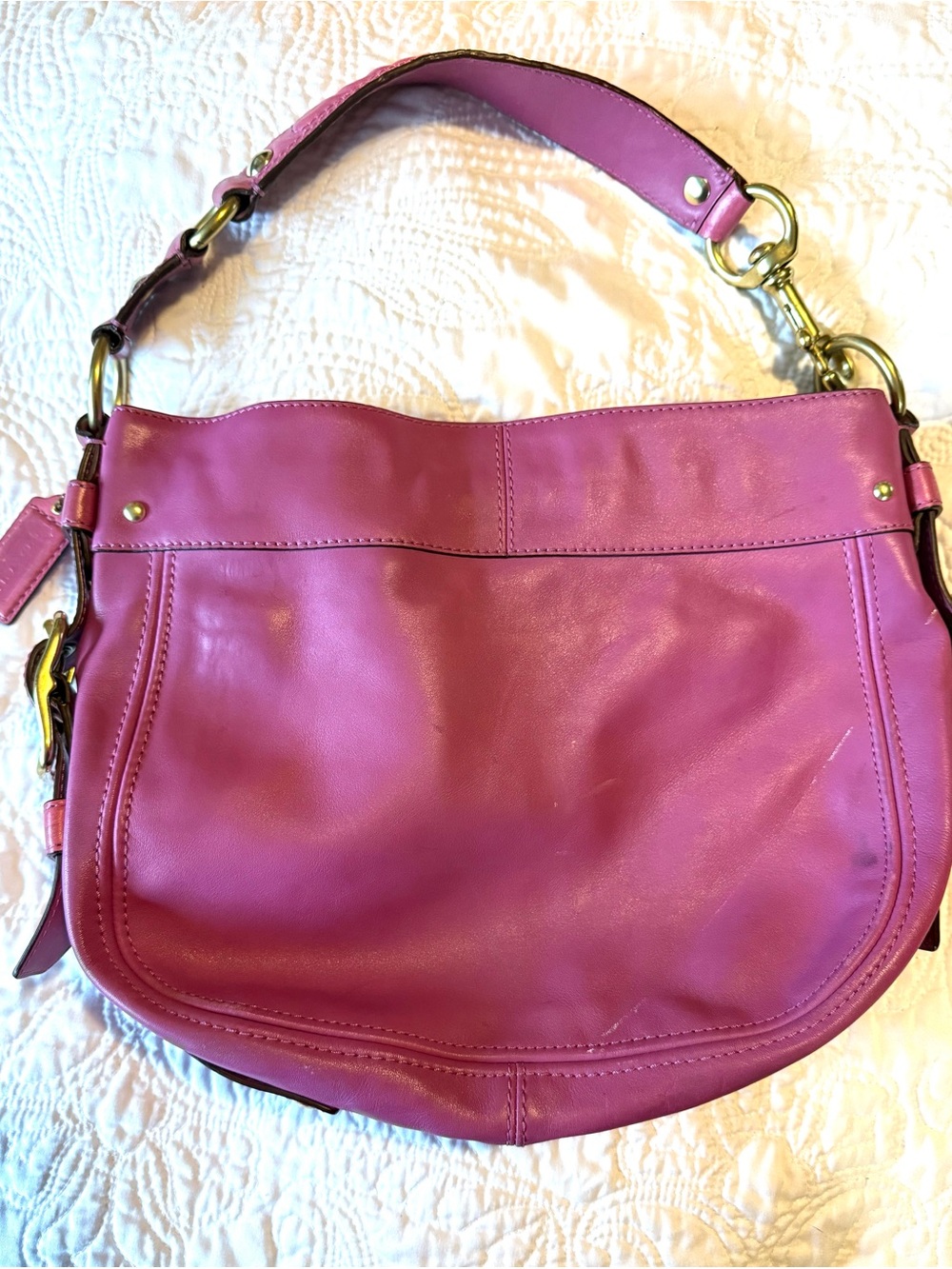 Coach Bright Pink Leather Shoulder Hobo with Gold Hardware